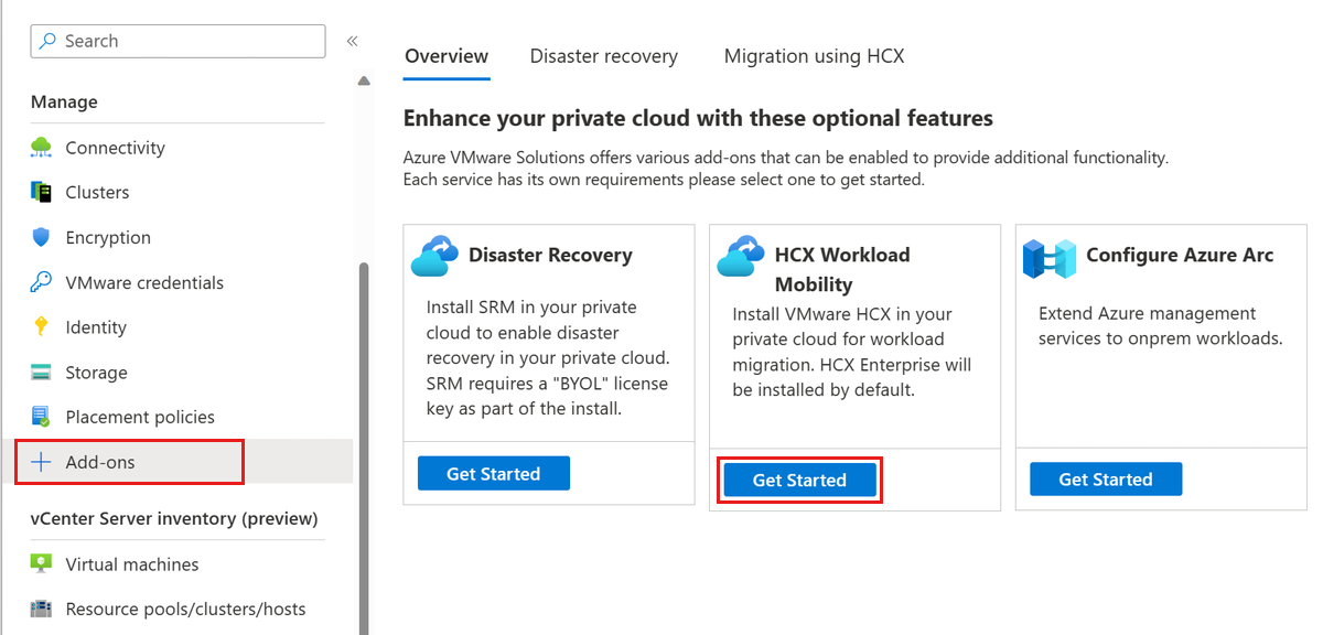 Screenshot showing the Get started button for VMware HCX Workload Mobility.