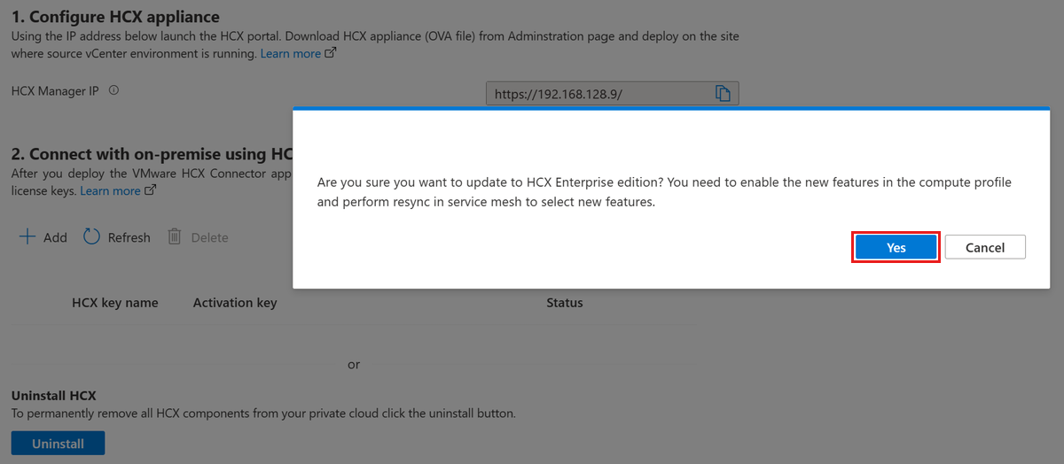 Screenshot showing confirmation to update to VMware HCX Enterprise using VMware HCX tab under Add-ons.