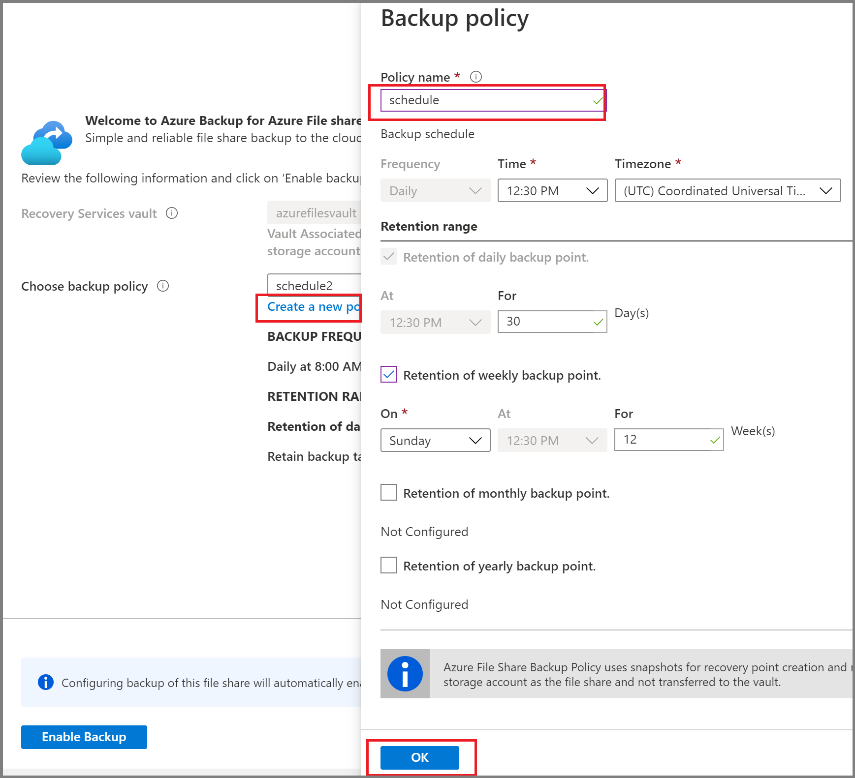 Screenshot shows how to create a new backup policy.