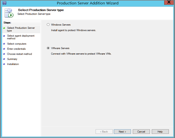 Screenshot shows the Production Server Addition Wizard.
