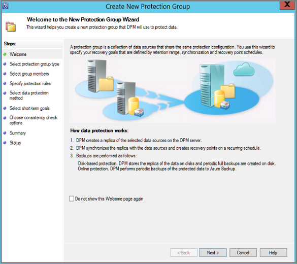 Screenshot shows the Create New Protection Group wizard dialog box.
