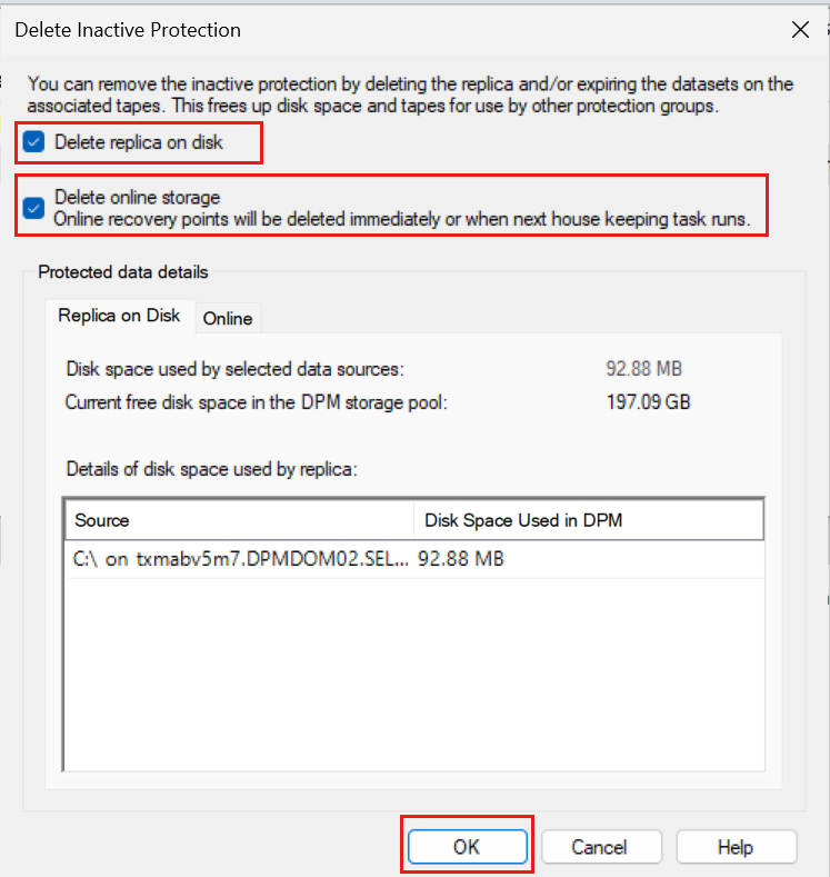 Screenshot that shows the delete inactive protection dialog.