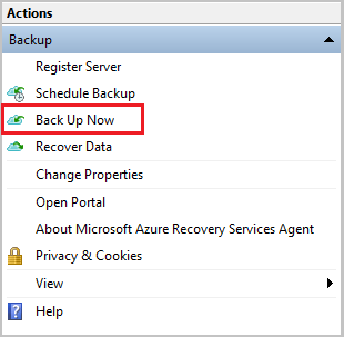 Screenshot shows how to start backup of Windows Server.