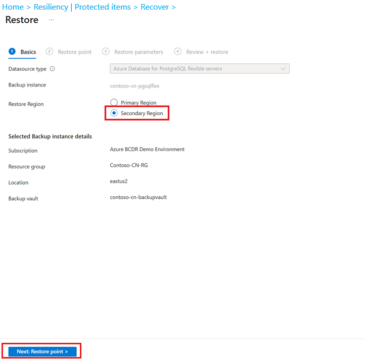 Screenshot shows the selection of the secondary region for restore.