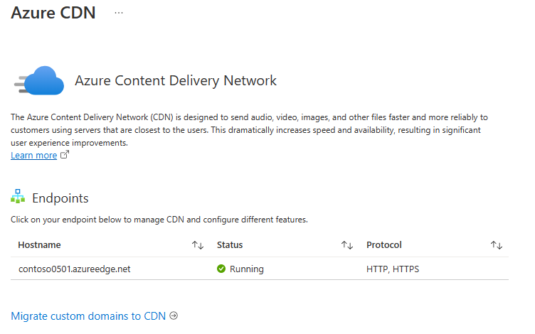 Screenshot of new Azure Content Delivery Network endpoint in list.