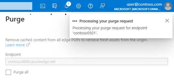 Screenshot of purge notification for an Azure Content Delivery Network profile.