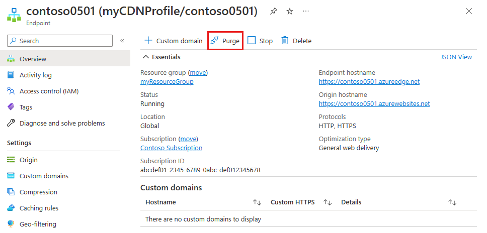 Screenshot of purge button in an Azure Content Delivery Network profile.