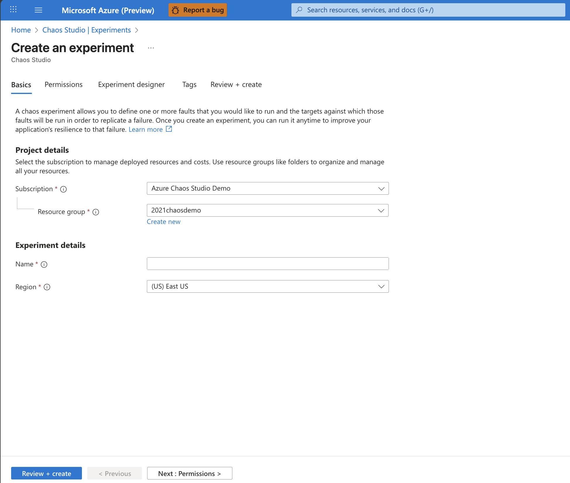 Screenshot of Chaos Studio experiment creation page.