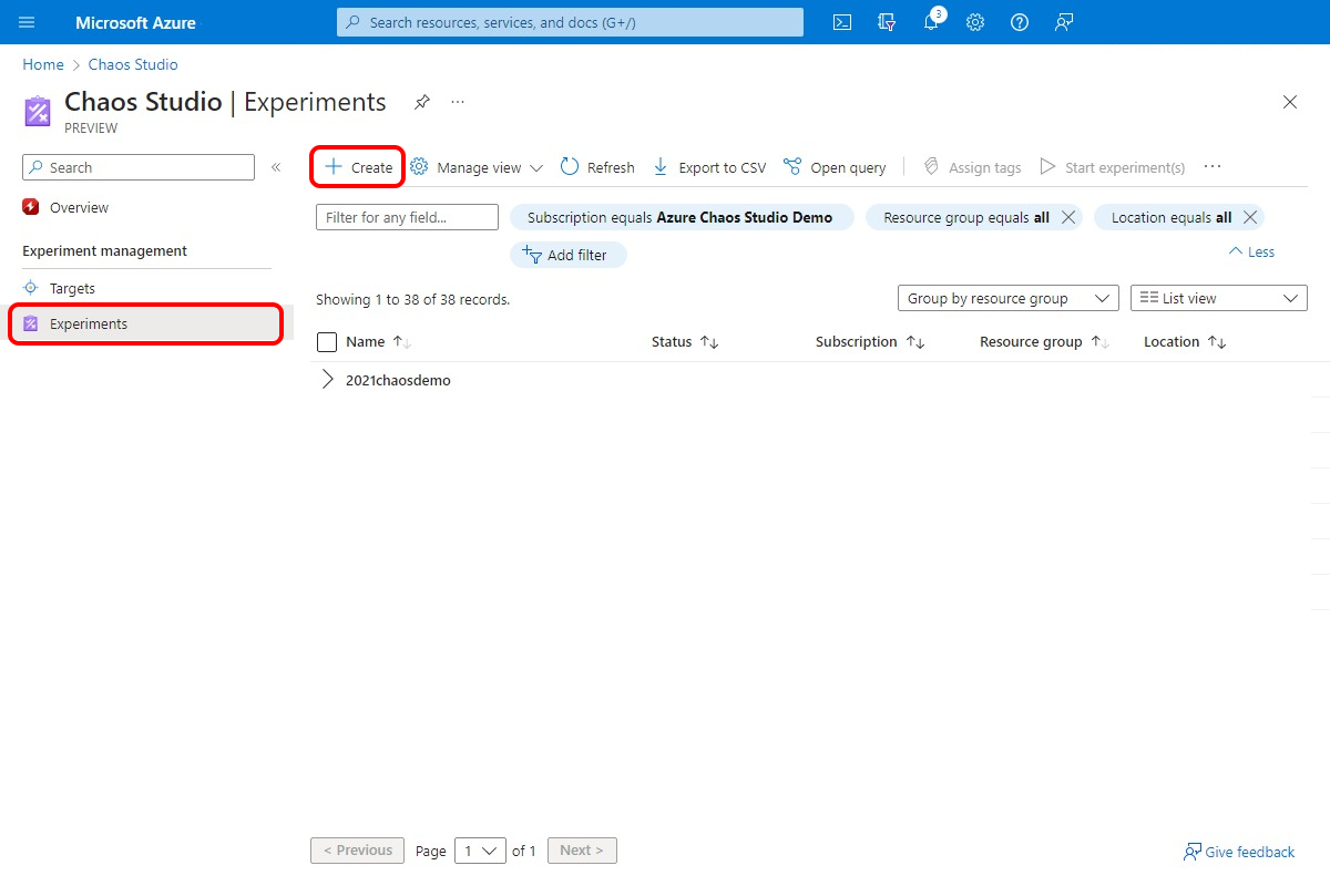 Screenshot that shows the Experiments screen, with the Create button highlighted.