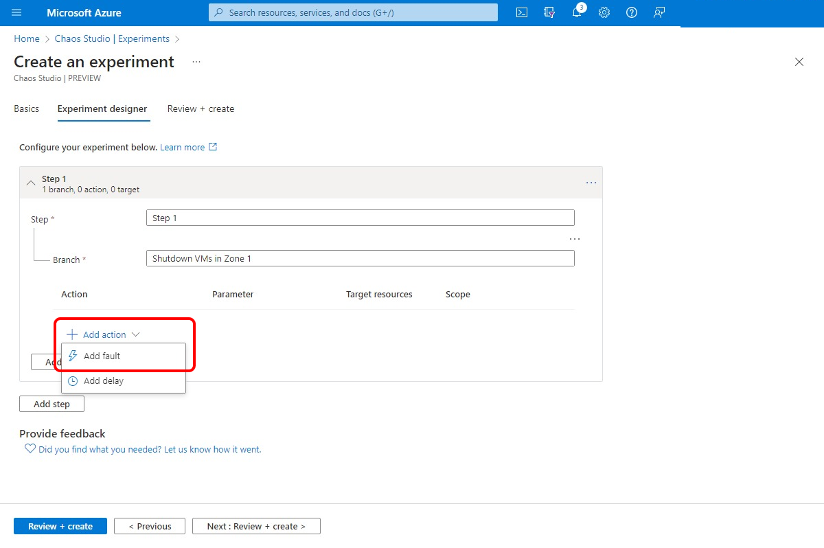 Screenshot that shows the experiment creation screen, with the Add fault button highlighted.