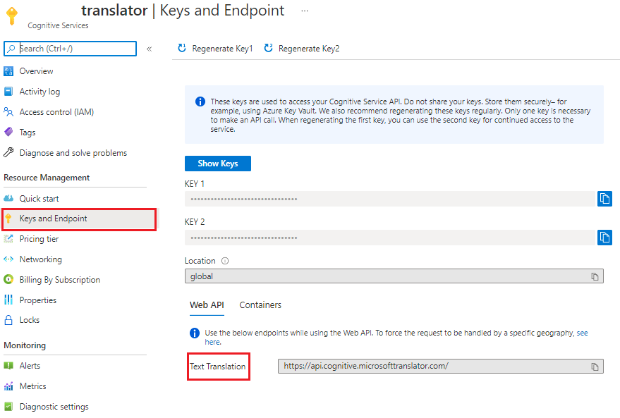 Screenshot: Azure portal keys and endpoint page.