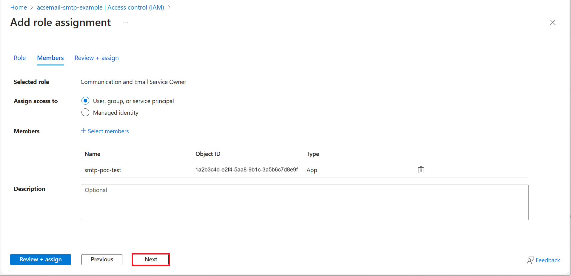 Screenshot that shows reviewing the assignment for the built-in role.