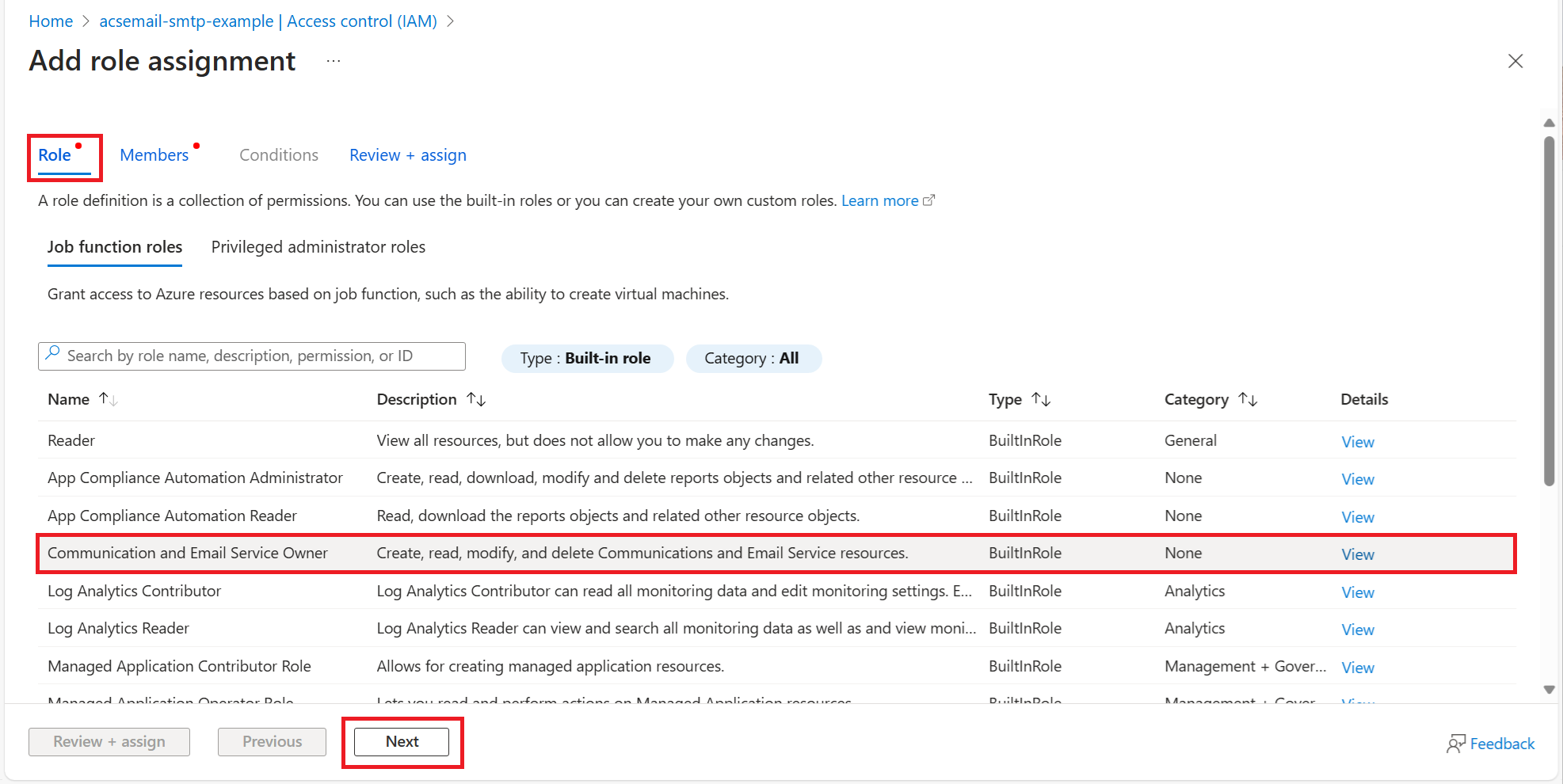 Screenshot that shows selecting the built-in role.