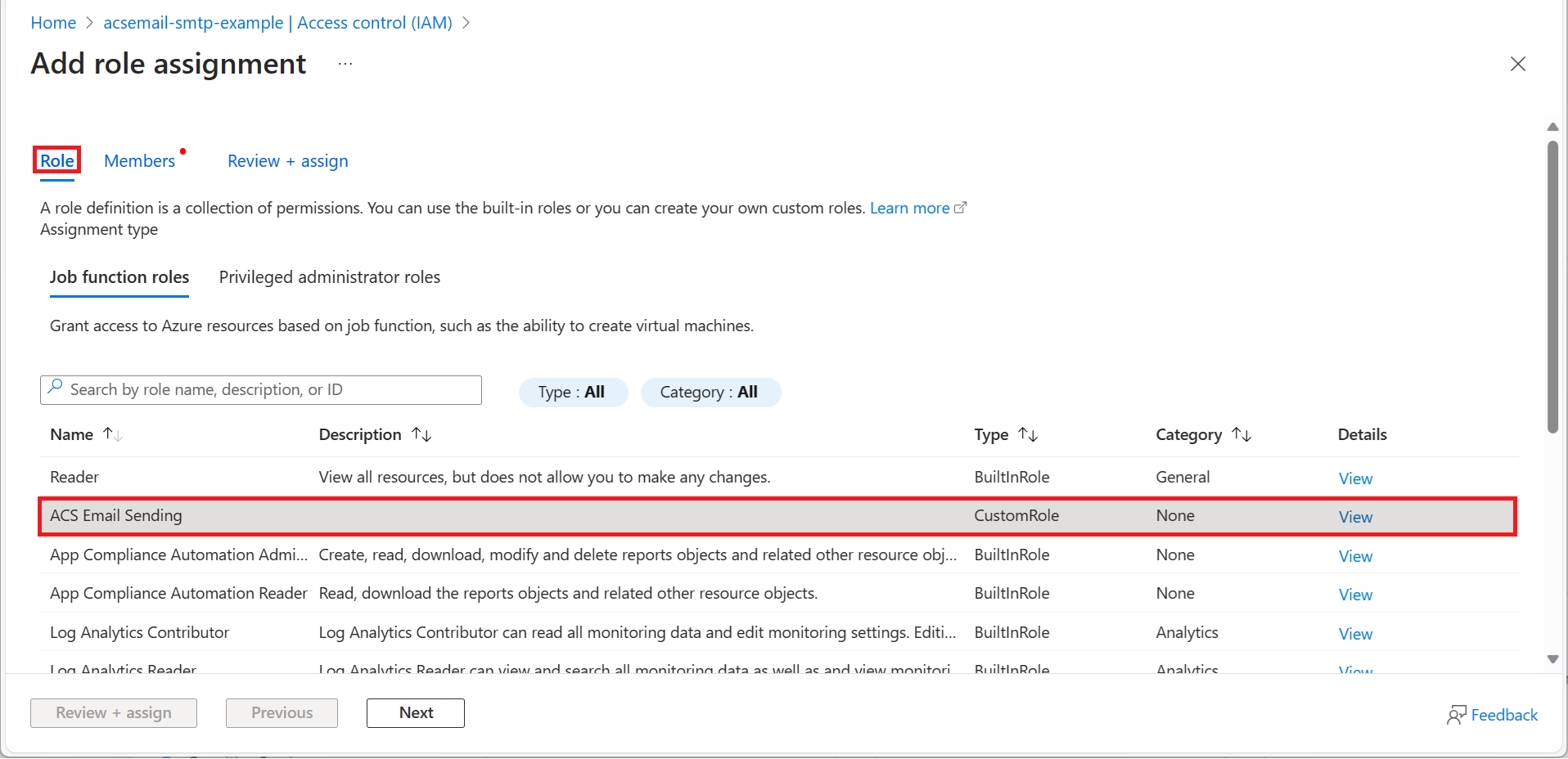 Screenshot that shows selecting the custom role.
