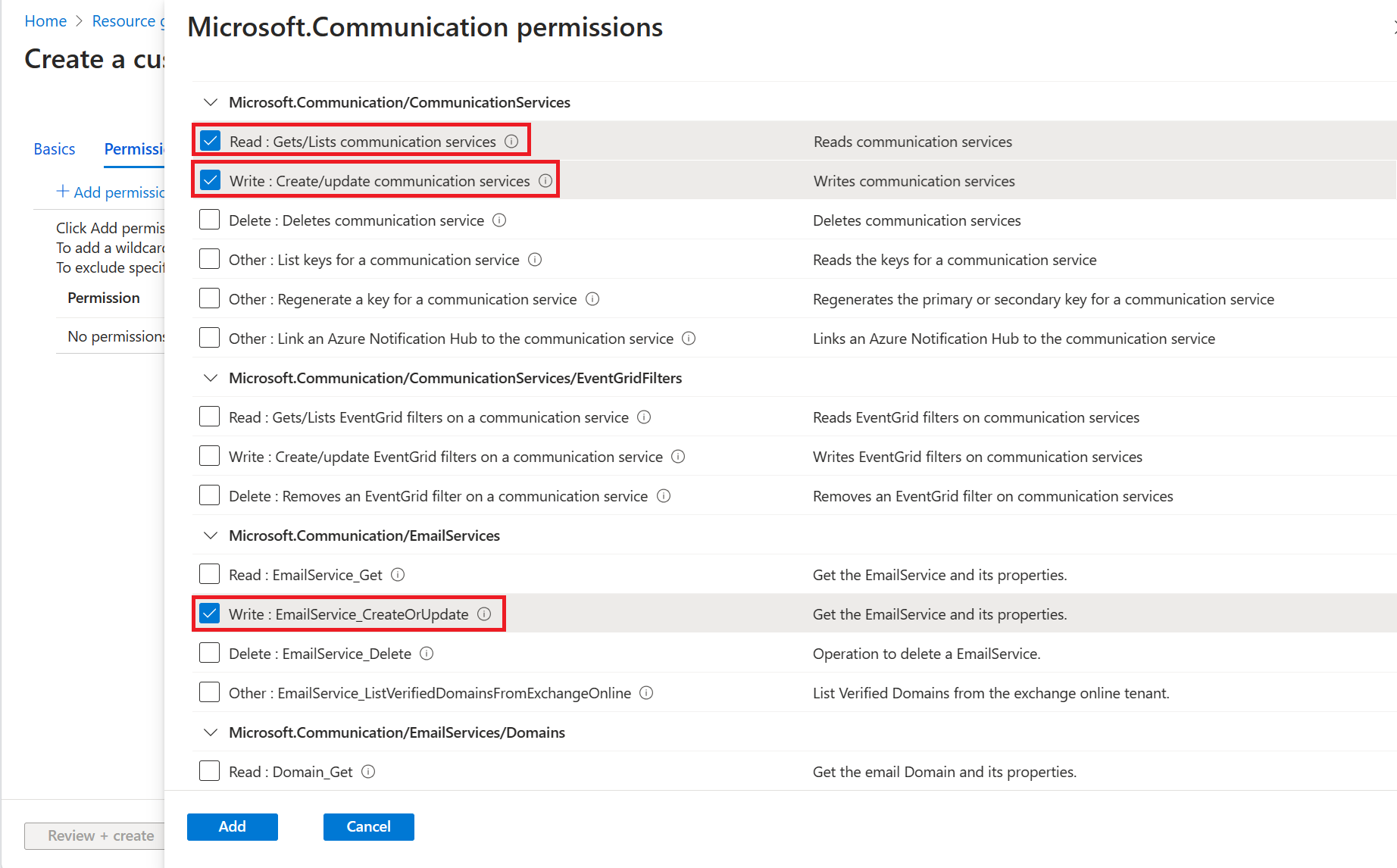 Screenshot that shows adding Azure Communication Services' permissions.