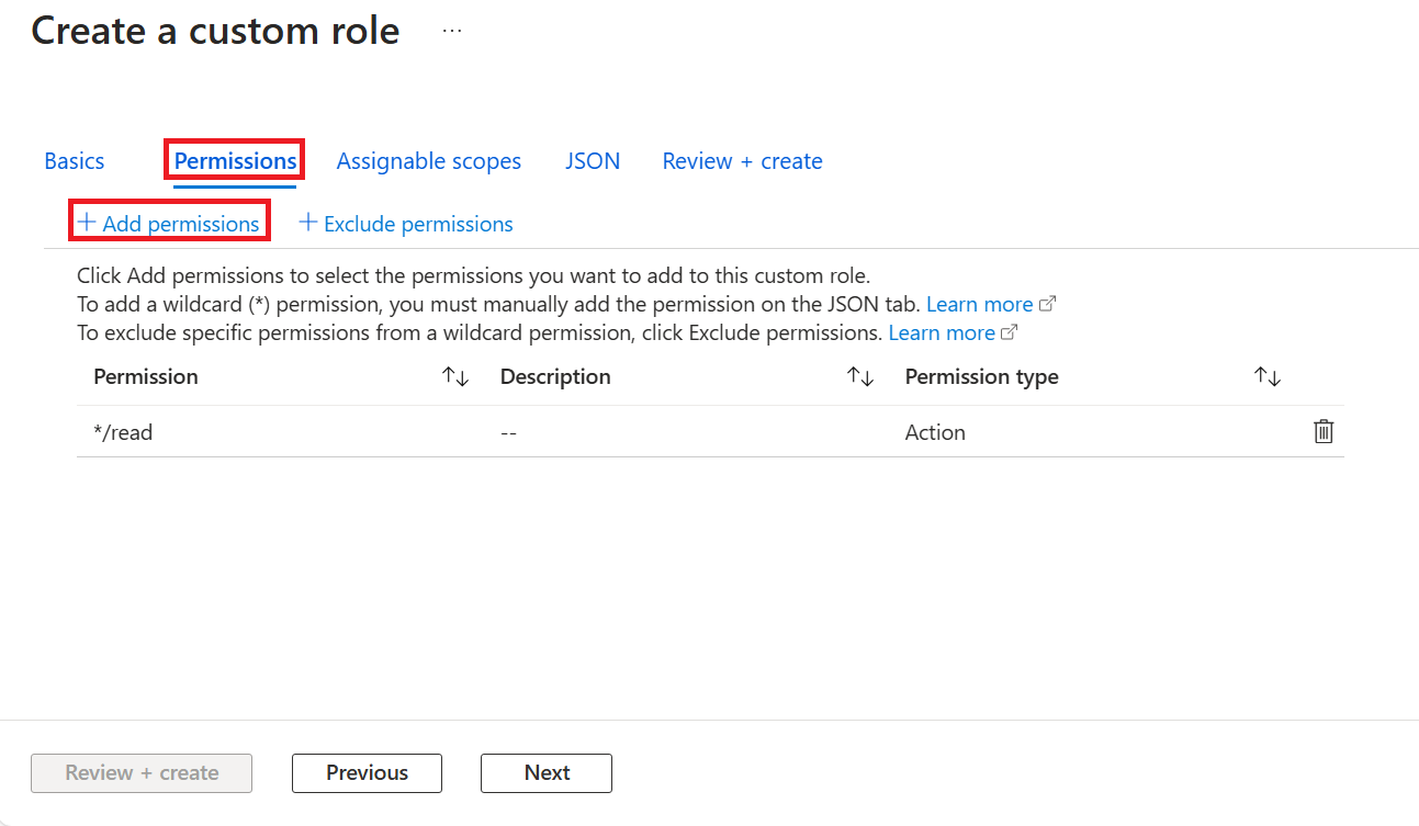 Screenshot that shows how to add permissions to custom role.