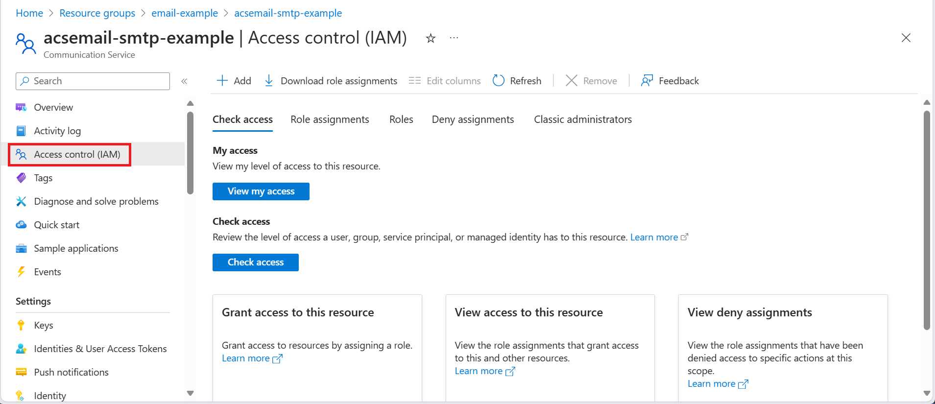 Screenshot that shows Access control for the Communication resource.