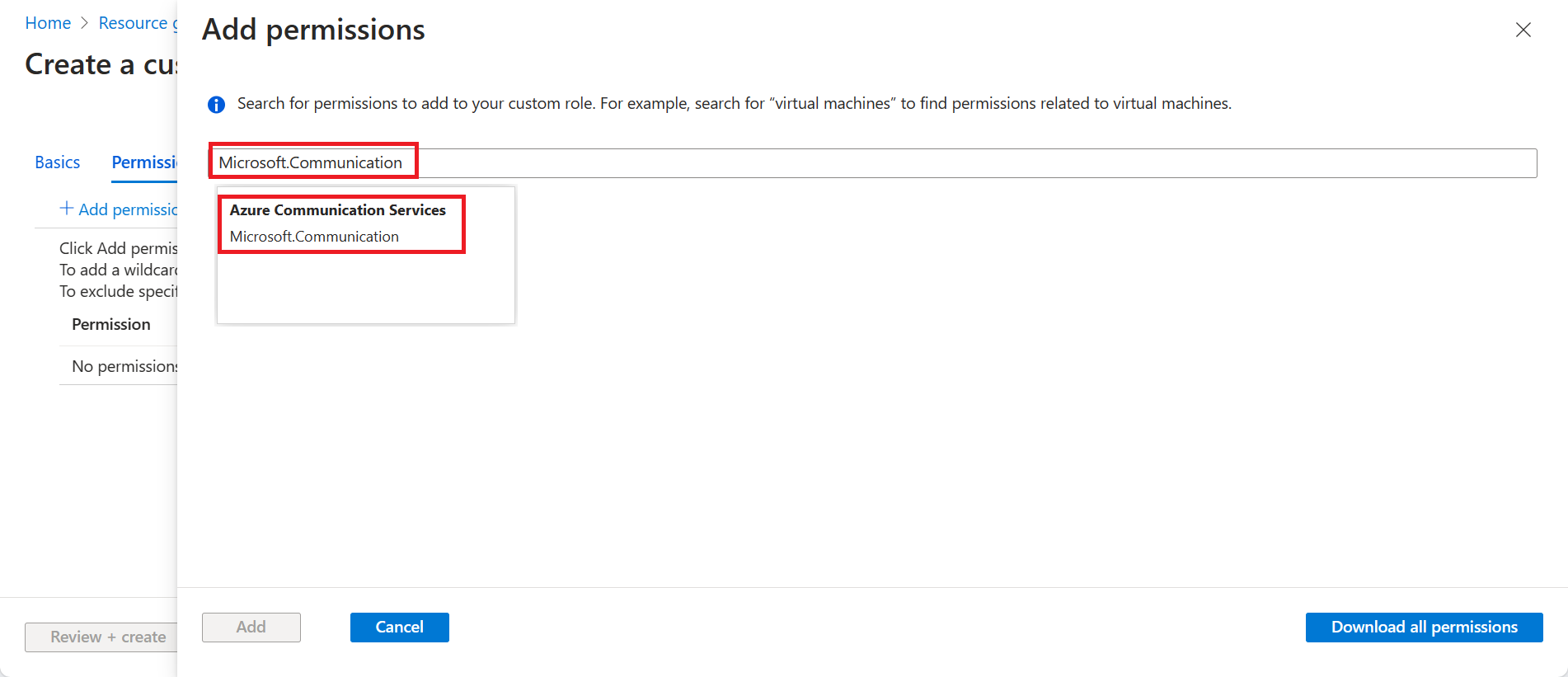 Screenshot that shows adding permissions for a new custom role.
