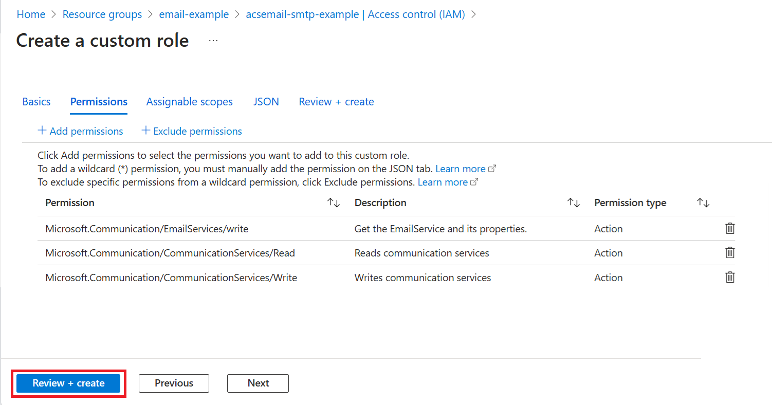 Screenshot that shows reviewing the new custom role.