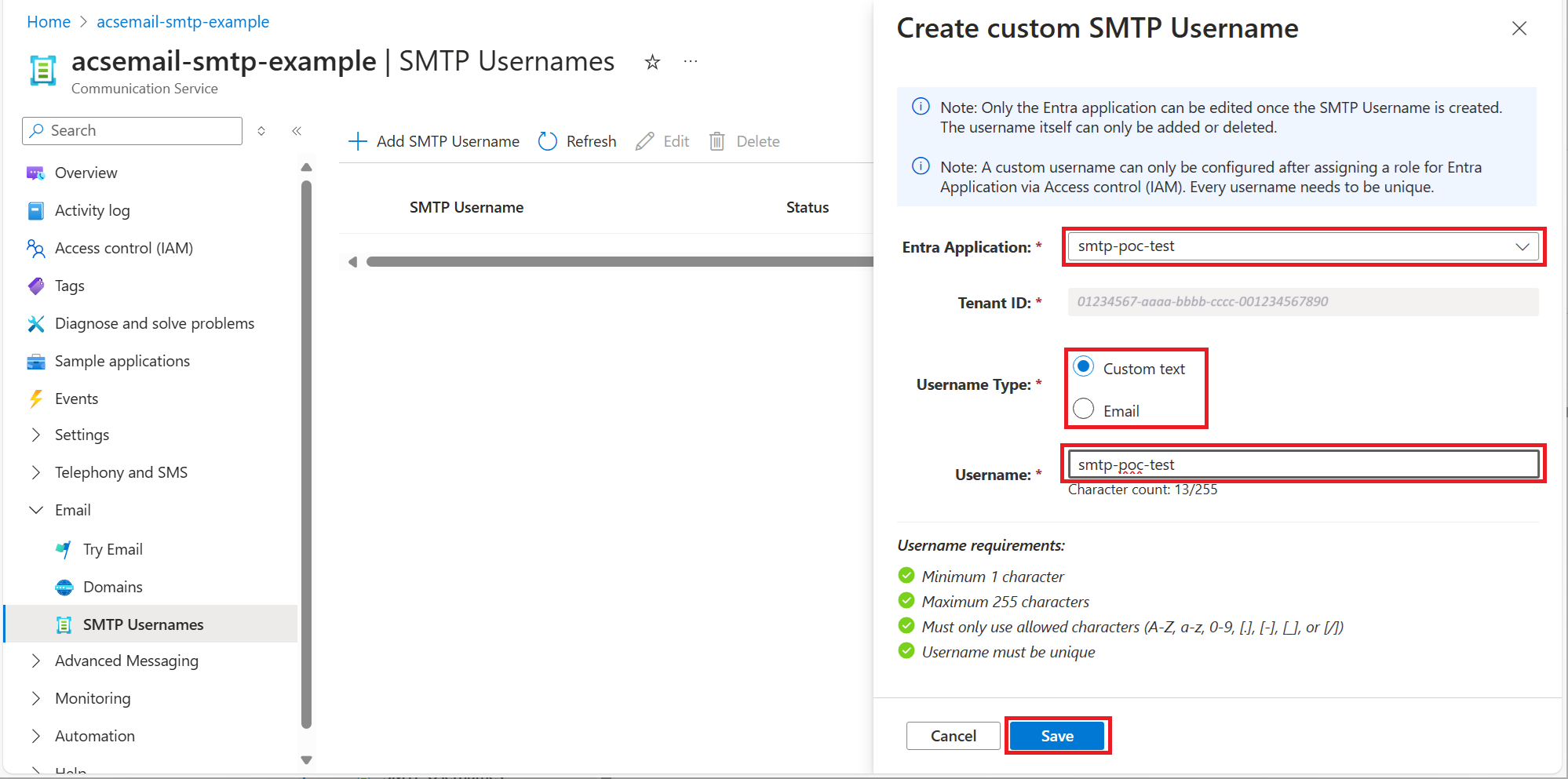 Screenshot that shows adding an SMTP username.