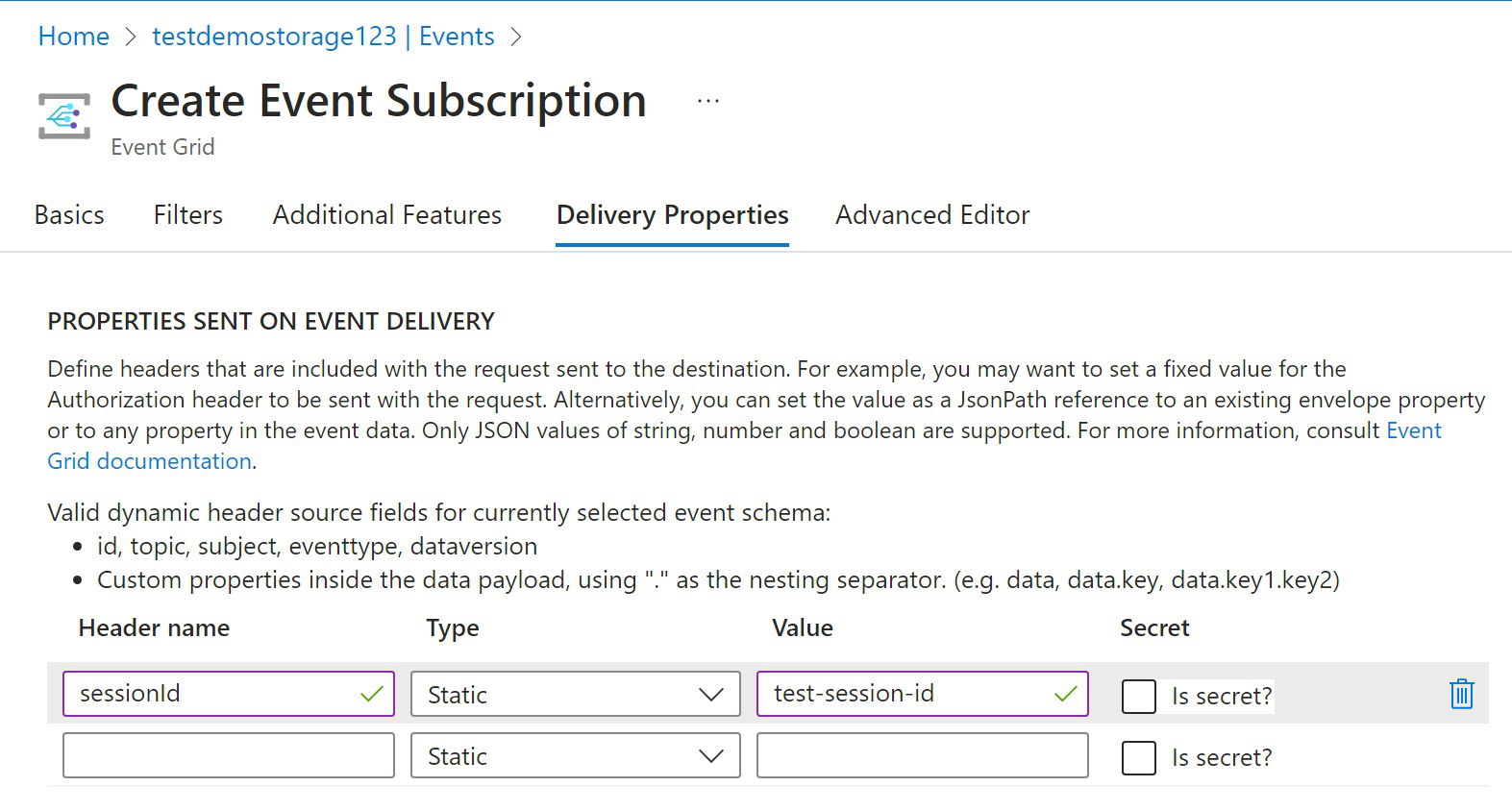 Screenshot of the Azure portal in a web browser, showing how to set up a storage event subscription session ID.