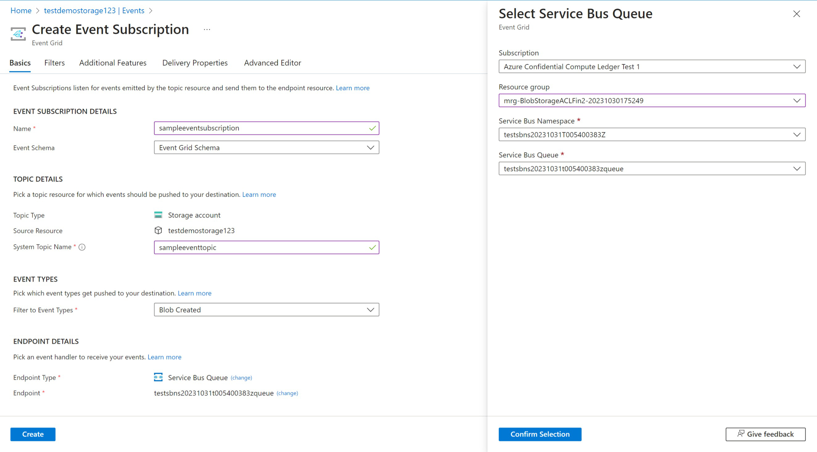 Screenshot of the Azure portal in a web browser, showing how to set up a storage event subscription.