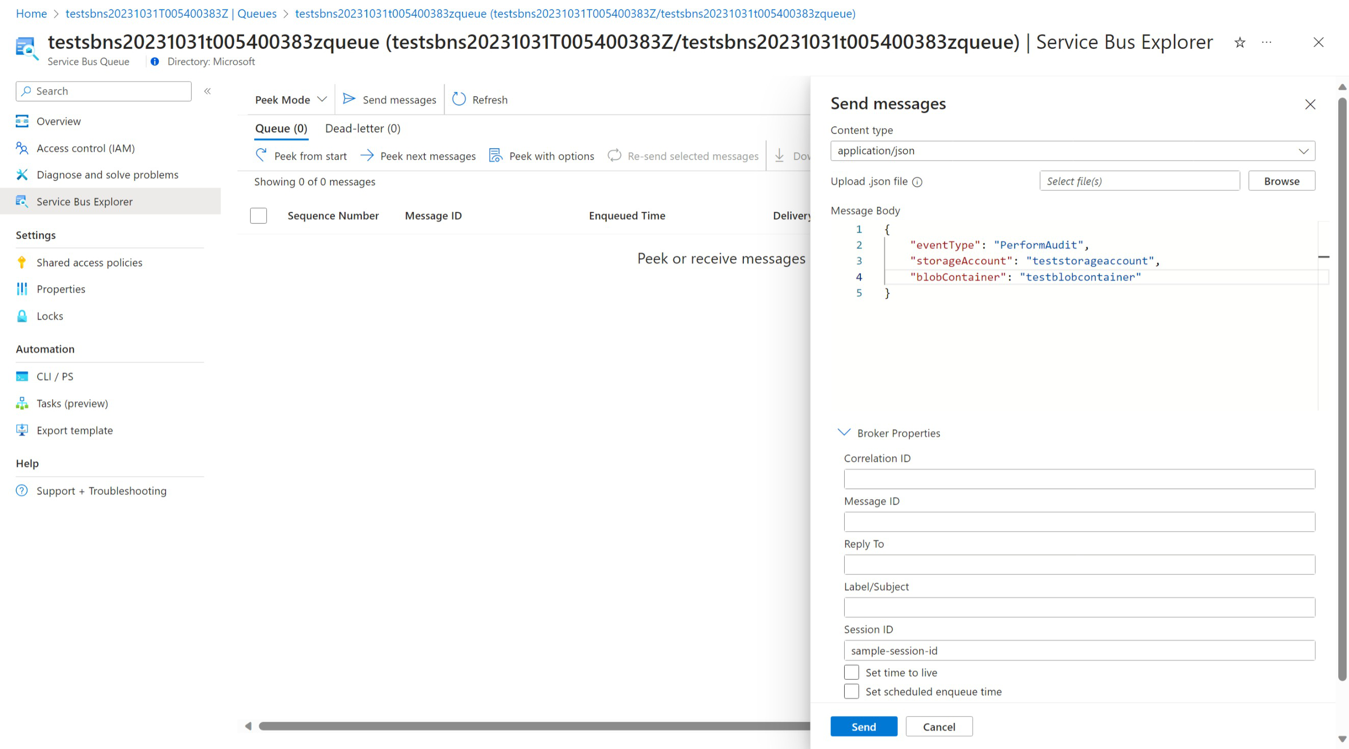 Screenshot of the Azure portal in a web browser, how to trigger an audit by adding a message to the queue.
