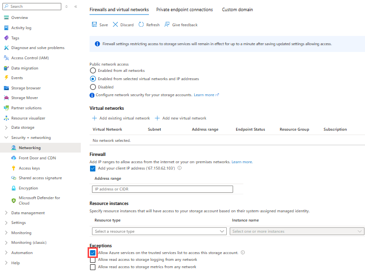 Screenshot showing Azure portal and Blob Storage account networking pane with allow settings.