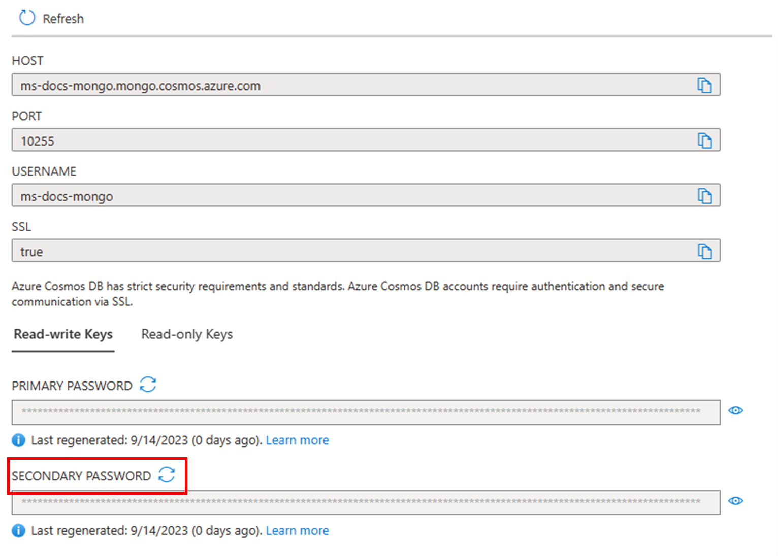 Screenshot of the Azure portal showing how to regenerate the secondary key.