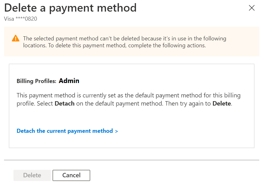 Example screenshot showing that a payment method is in use by a Microsoft Customer Agreement.