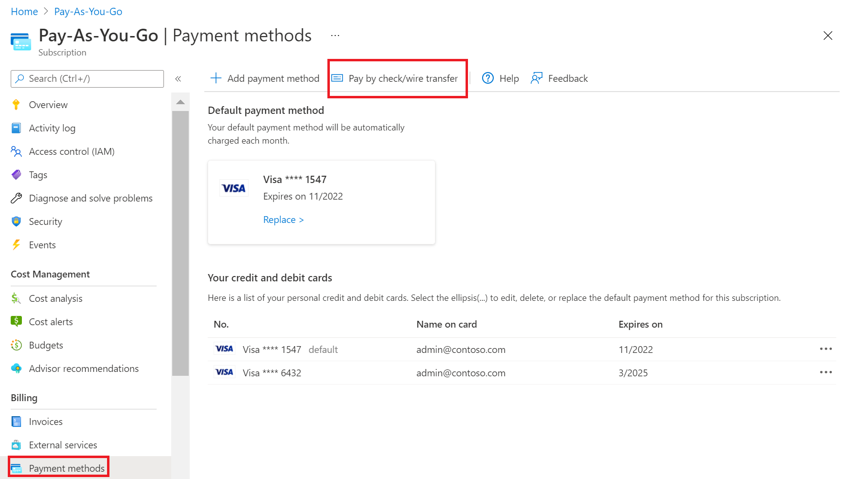Screenshot showing the Pay by check/wire transfer option.