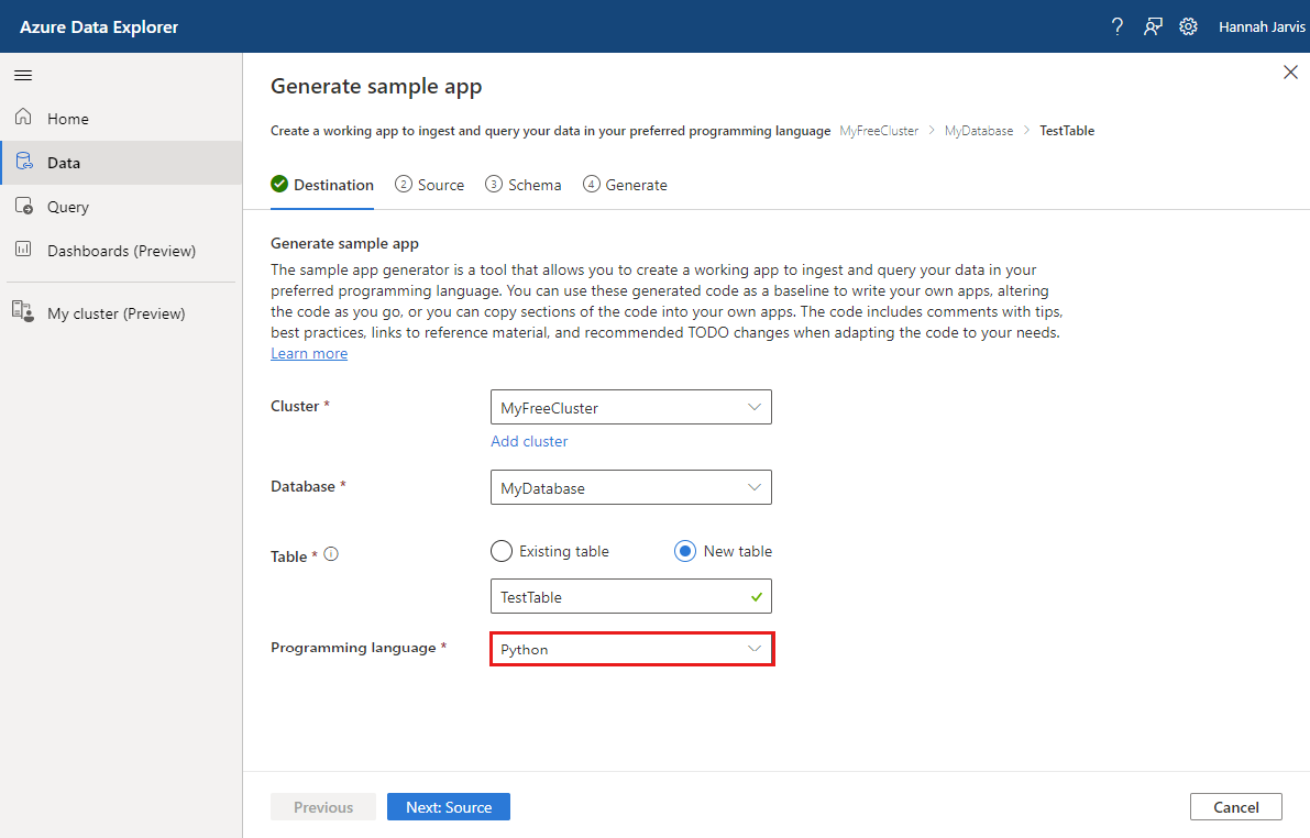 Screenshot of Azure Data Explorer web UI showing the Sample app generator destination tab.