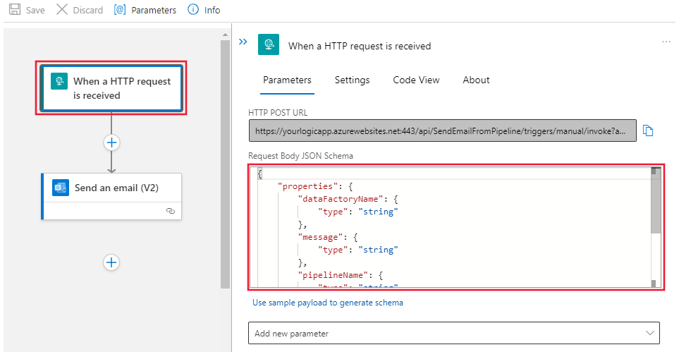 Shows the workflow designer for the Request trigger with the Request Body JSON Schema field populated.