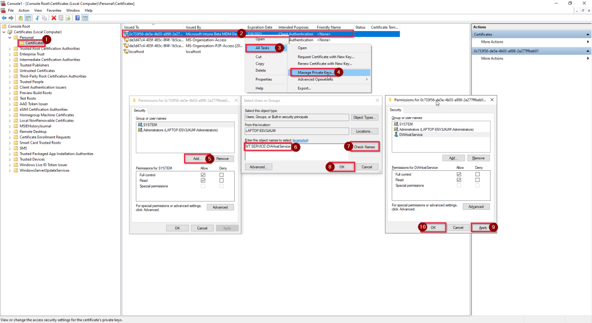 Screenshot that shows the third step to add self-hosted IR service account to the private key permissions.