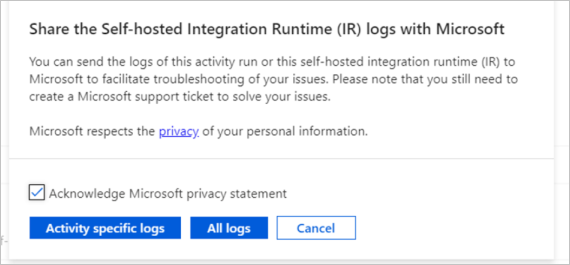 Screenshot of the &quot;Share the self-hosted integration runtime (IR) logs with Microsoft&quot; window.