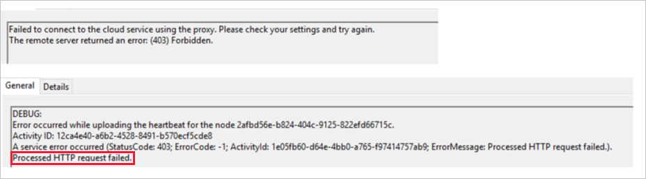 Screenshot of a &quot;Processed HTTP request failed&quot; message