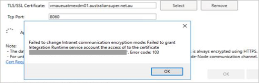Screenshot displaying the error message &quot;... Failed to grant Integration Runtime service account certificate access&quot;.