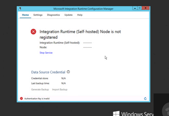 Screenshot of the Configuration Manager pane, displaying a message that the integration runtime node is not registered.