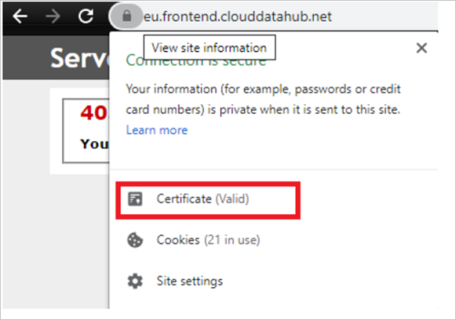 Screenshot of the check server certificate pane of the Azure Data Factory service.