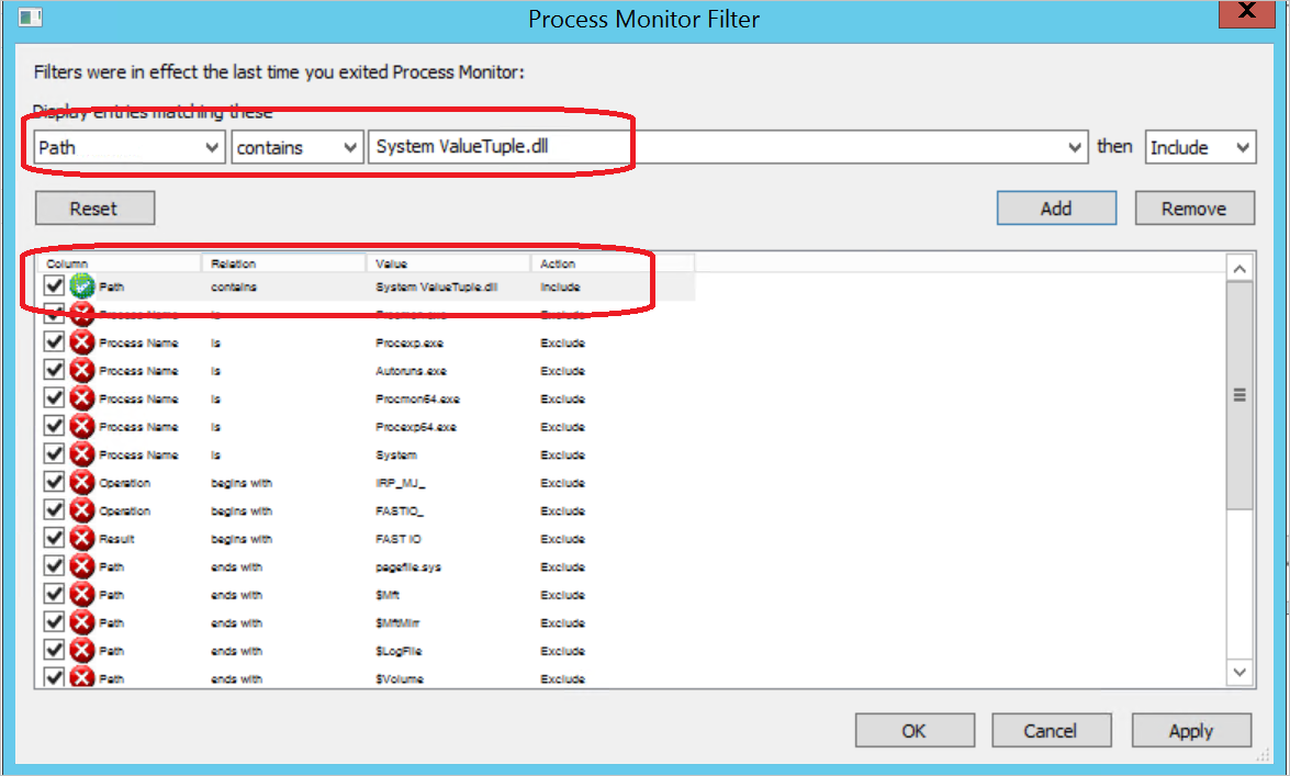 Screenshot of the &quot;Process Monitor Filter&quot; page, listing the filters for the DLL.