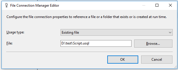Screenshot that shows the File Connection Manager Editor with "Existing file" selected for "Usage type".