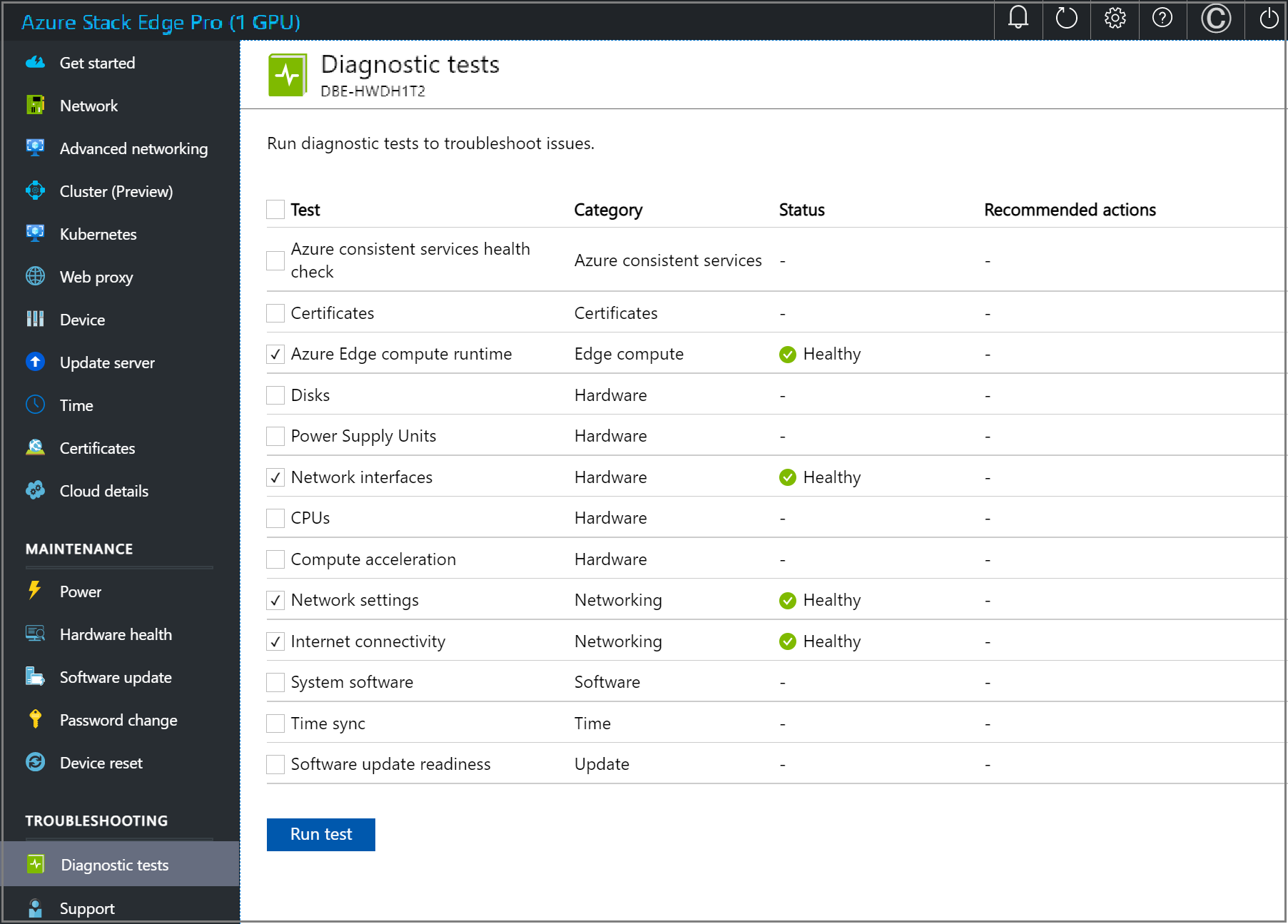 Screenshot of the Diagnostic tests results page in the local web UI of an Azure Stack Edge device.
