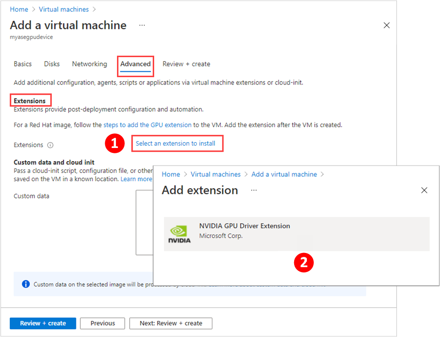 Illustration of 2 steps to add a GPU extension to the Advanced tab of "Add a virtual machine". Options to select and add an extension are highlighted.