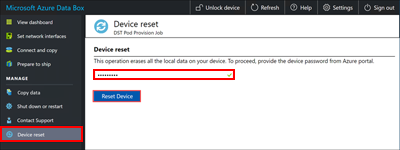 Screenshot of the Reset Device page, used to delete all data from the device.