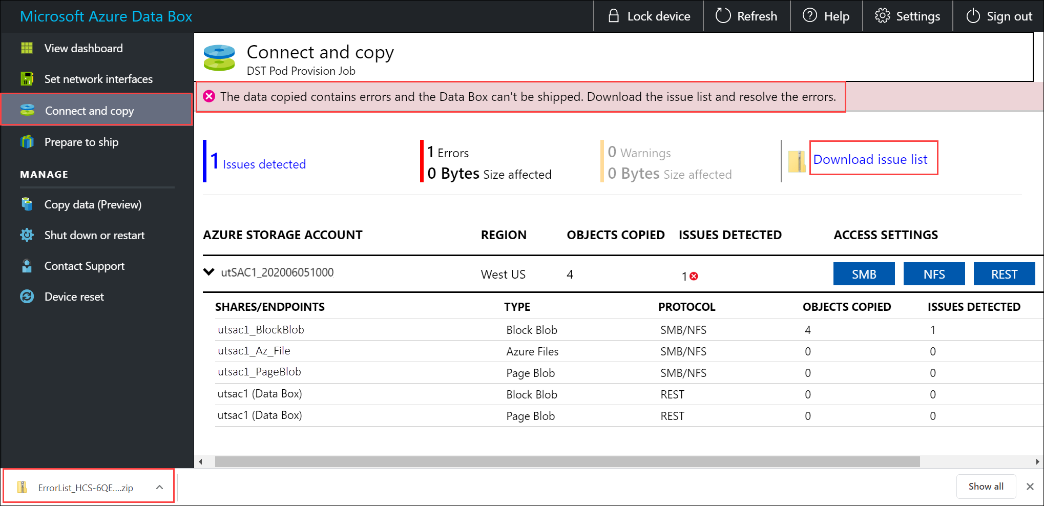 Connect and copy, Download issue list