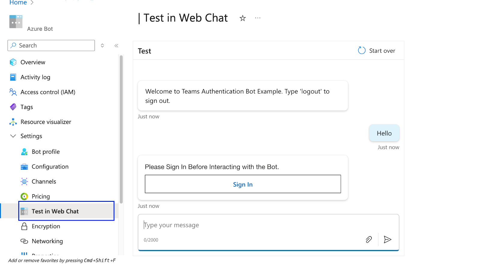 Test the bot in Azure bot services