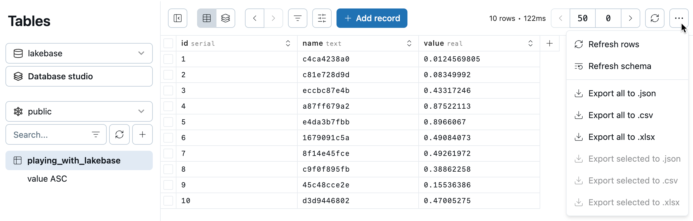 Lakebase tables editor export