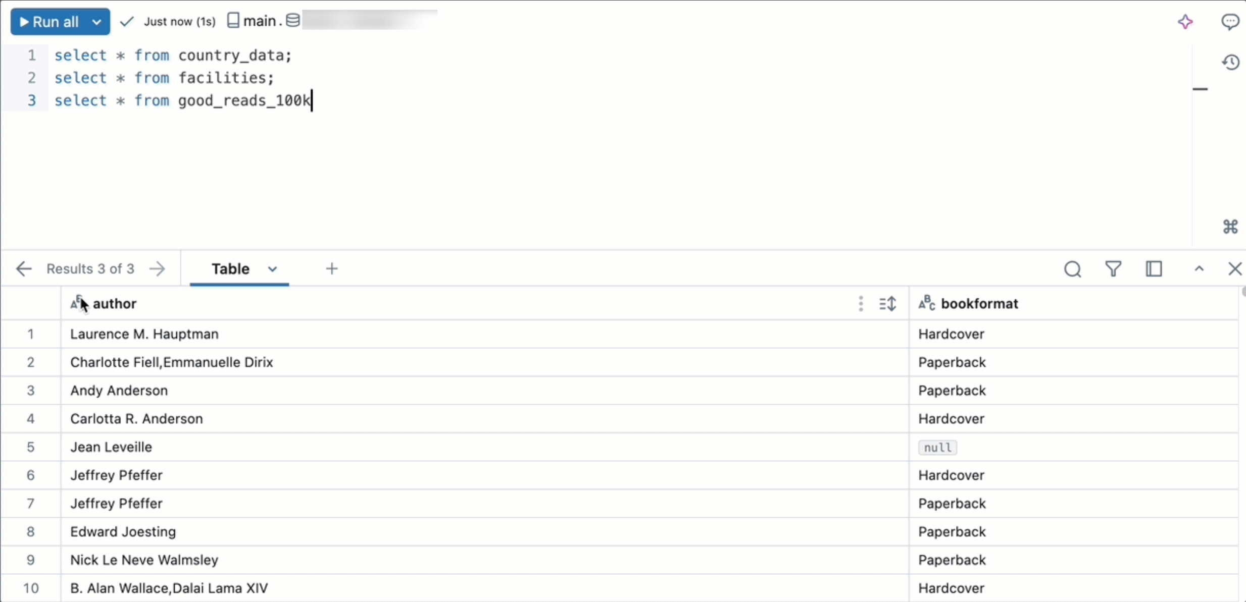 Tabbed output pane in the new SQL editor with multiple result tables that you can move through.