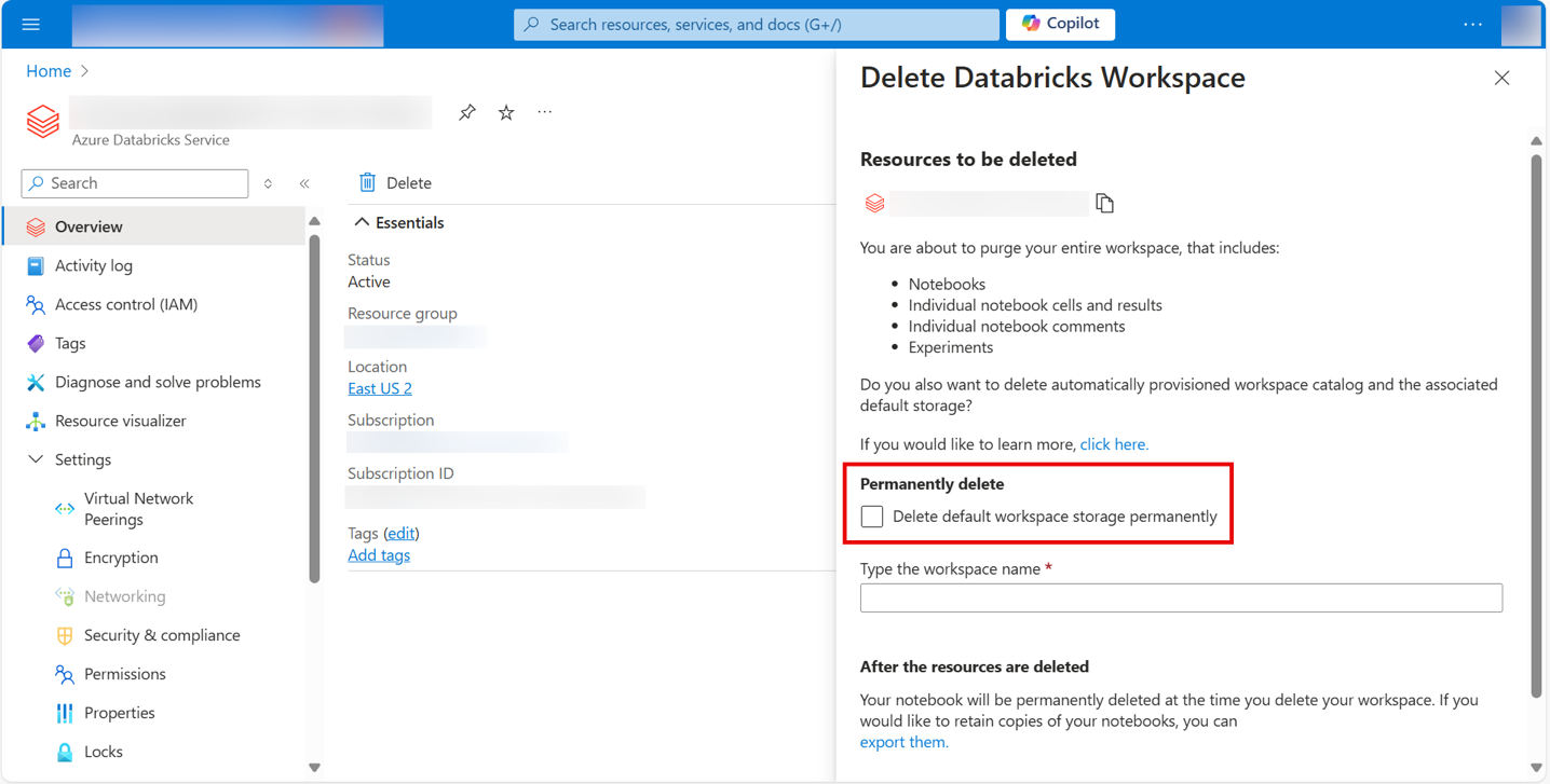 Force delete a workspace using the Azure Portal.