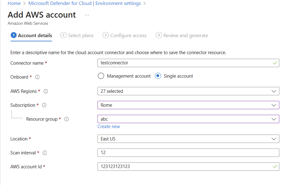 Screenshot of the form to fill in the account details for an AWS environment in Microsoft Defender for Cloud.